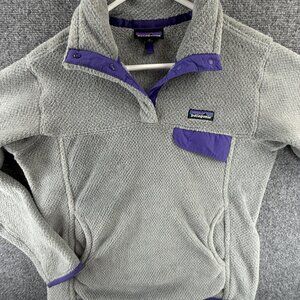 Patagonia Women Snap T Gray Purple Soft Fuzzy Fleece Pullover Medium Logo Ladies